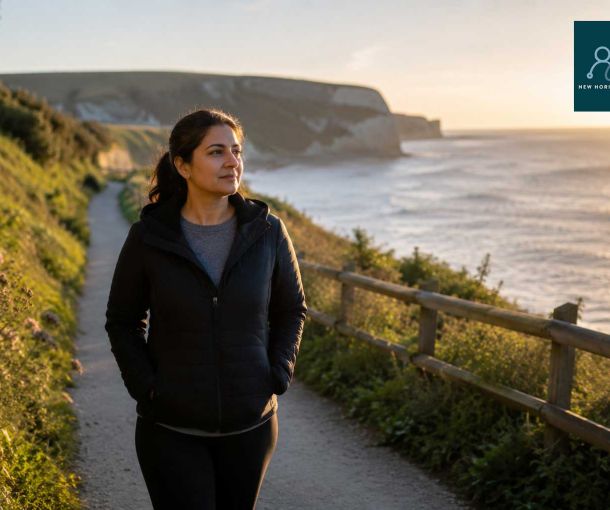 Person walking along Dorset coastline reflecting on emotional wellbeing and counselling support