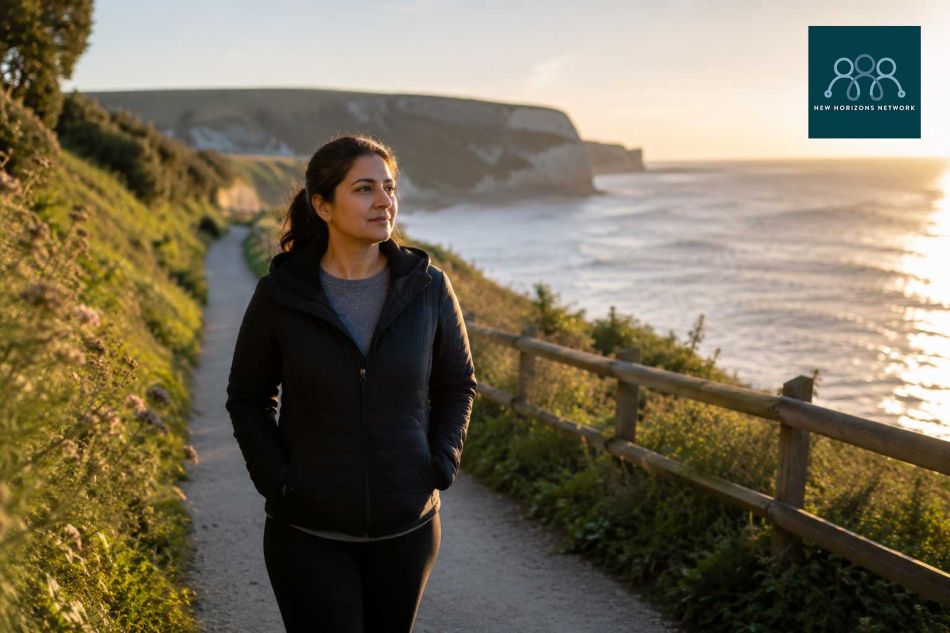 Person walking along Dorset coastline reflecting on emotional wellbeing and counselling support