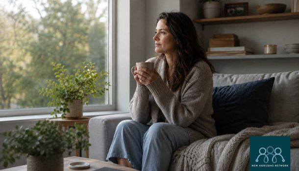 Woman reflecting calmly by a window with a warm drink, representing the link between alcohol and anxiety