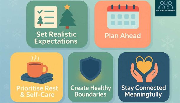 Infographic showing five ways to cope with holiday stress, including planning, boundaries, rest, expectations, and meaningful connection.