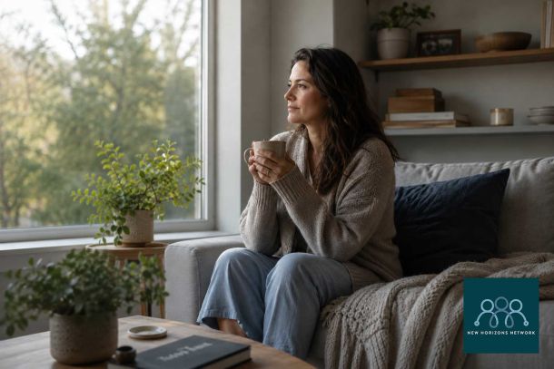 Woman reflecting calmly by a window with a warm drink, representing the link between alcohol and anxiety