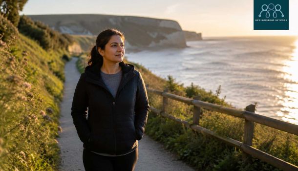 Person walking along Dorset coastline reflecting on emotional wellbeing and counselling support