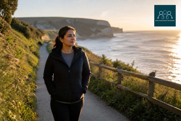 Person walking along Dorset coastline reflecting on emotional wellbeing and counselling support