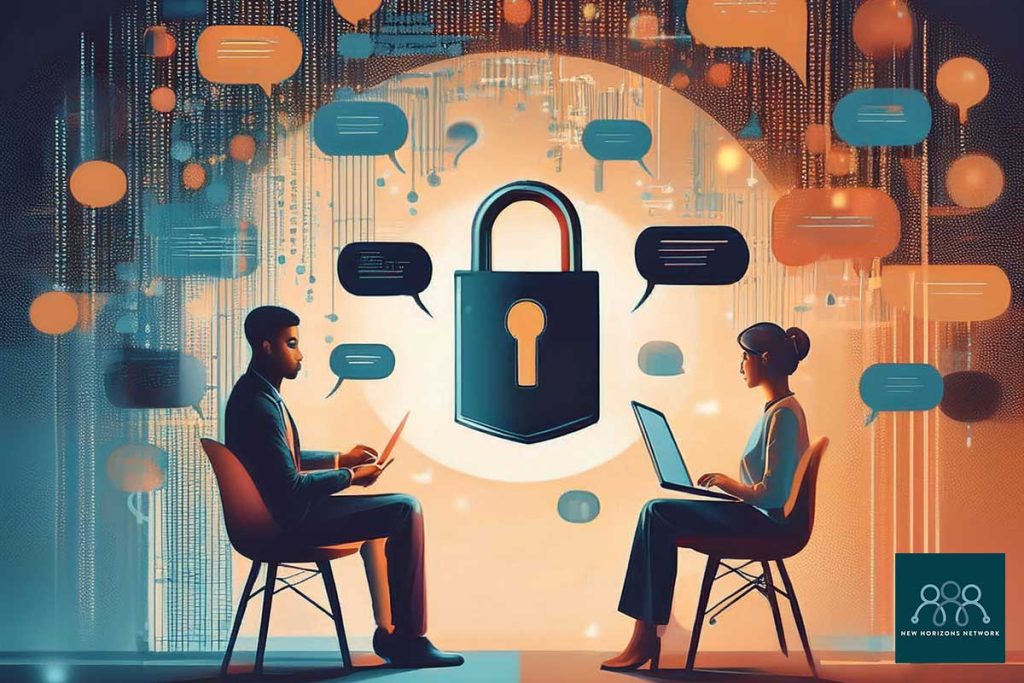 Conceptual image symbolising ethical and confidentiality concerns in AI counselling with digital chat data and a lock symbol.