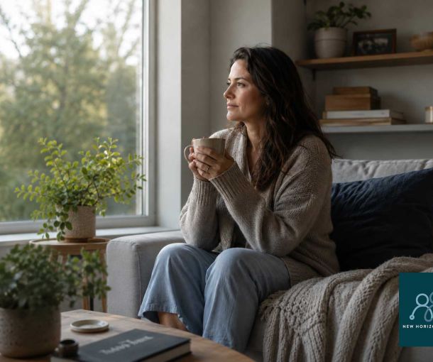 Woman reflecting calmly by a window with a warm drink, representing the link between alcohol and anxiety