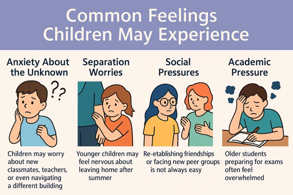 Infographic showing common back-to-school feelings for children, including anxiety, separation worries, social pressures, and academic stress.