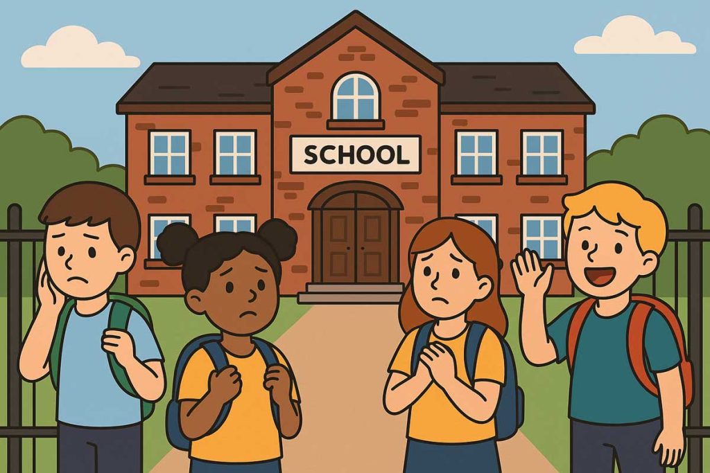 Children outside a UK school gate in September, some excited and others anxious, with parents nearby offering support.