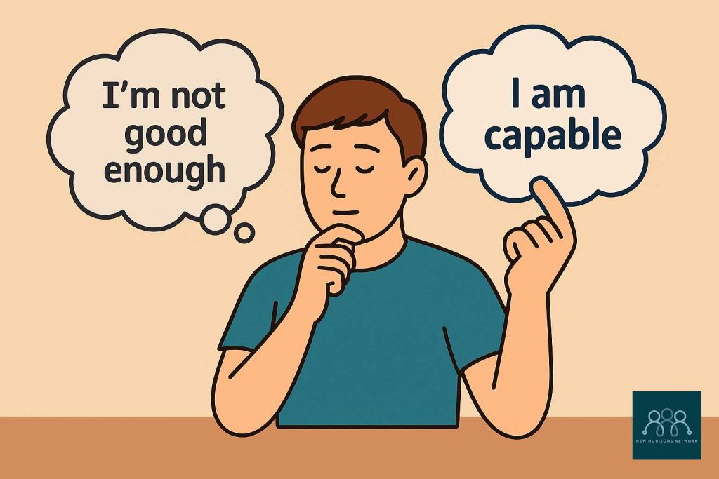 dult reflecting on thought bubbles, shifting from negative thinking to positive affirmations, encouraging resilience.