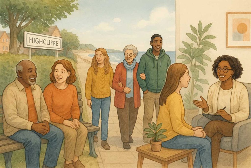 Illustration of community mental health support in Highcliffe and Christchurch, showing people connecting and supporting each other.