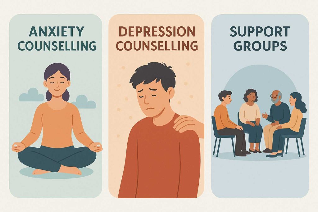 Infographic highlighting local counselling services for anxiety, depression, and group support in Dorset.