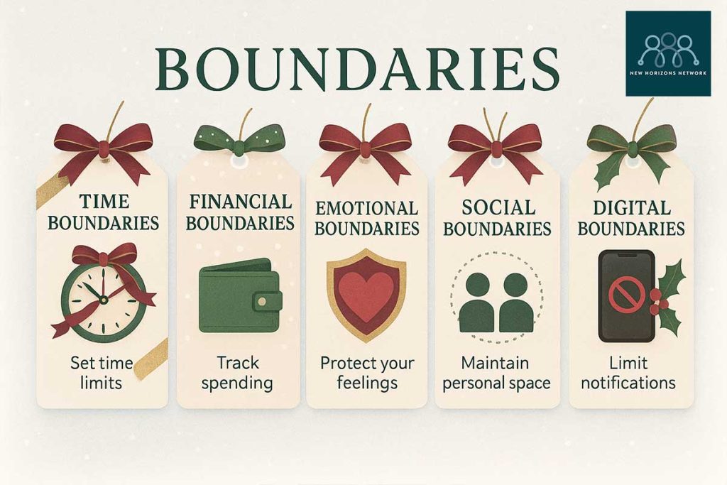 Infographic showing five types of healthy boundaries to set during the Christmas season.