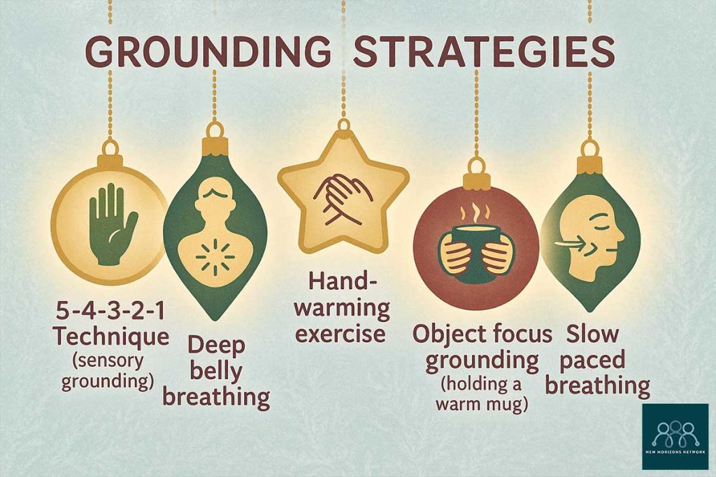 Infographic displaying grounding techniques for managing festive anxiety using illustrated Christmas ornaments.