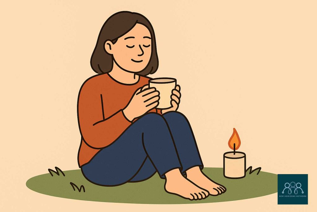 Adult practicing self-care by holding a warm drink and sitting barefoot on grass beside a candle, representing grounding techniques for anxiety relief.