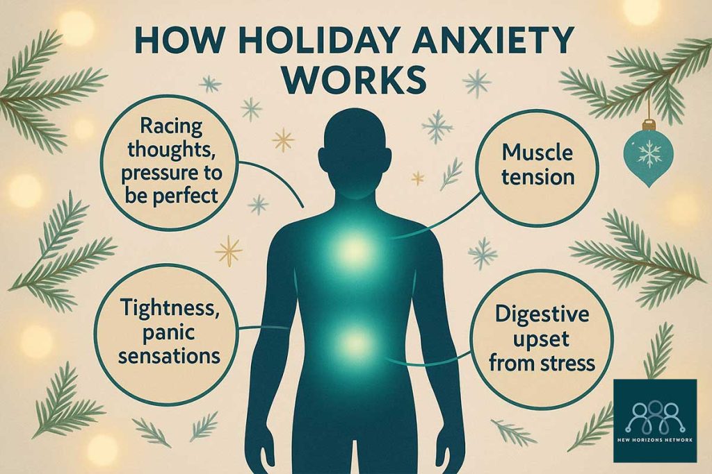 Diagram showing physical symptoms of holiday anxiety on the body.