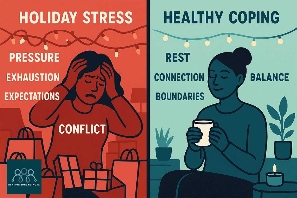 Illustration comparing holiday stress with healthy coping strategies.