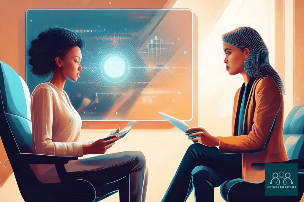Human therapist and client in a calm setting, symbolising empathy and connection that AI cannot replace.