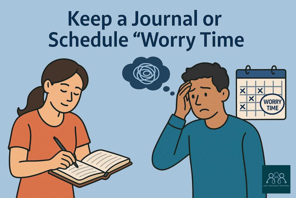 Adult writing in a journal at a desk with a warm drink, symbolising journaling and scheduling “worry time” for anxiety management.