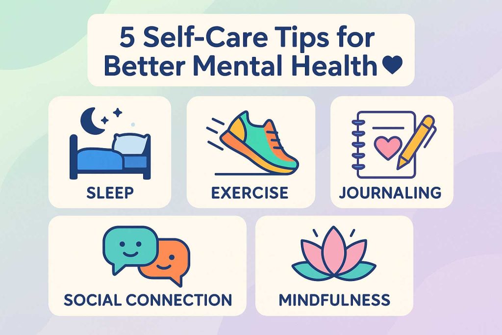 Infographic with five self-care practices for better mental health: sleep, exercise, journaling, connection, mindfulness.