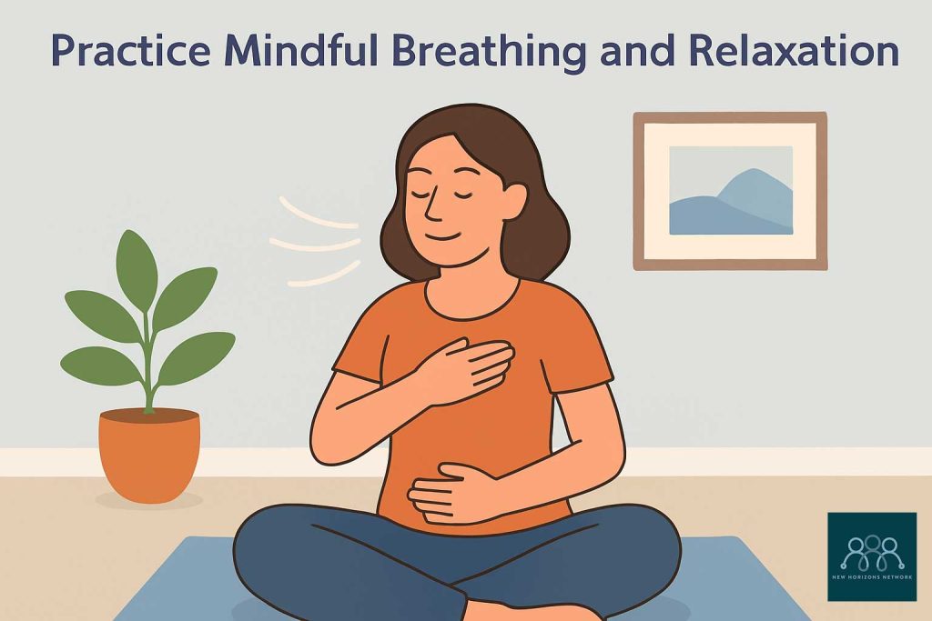 Adult sitting peacefully indoors with eyes closed, practicing mindful breathing and relaxation near a window with natural light.