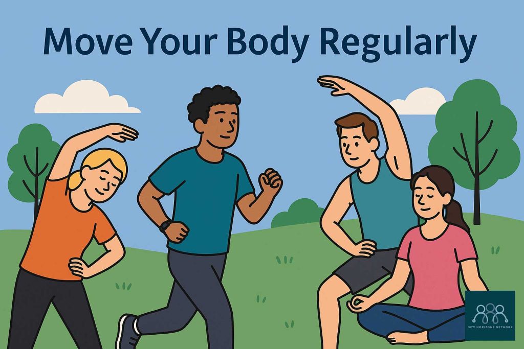 Adults exercising in a park with stretching, yoga, and jogging, promoting physical activity for anxiety relief.