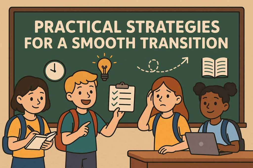 Illustration of children and parents preparing for school, with a checklist of strategies like routines, conversations, school visits, and small steps.