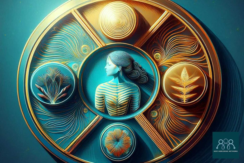 Illustration representing realistic mental health goals such as awareness, rest, boundaries, and grounding.