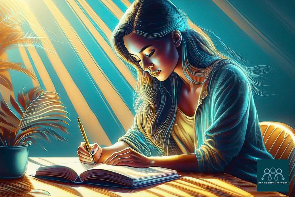 Illustration of reflective journaling to support mental health awareness.