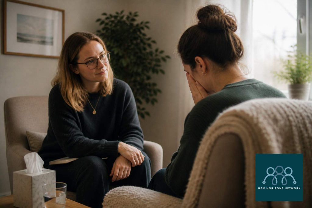 Confidential counselling session showing safe and supportive therapeutic environment